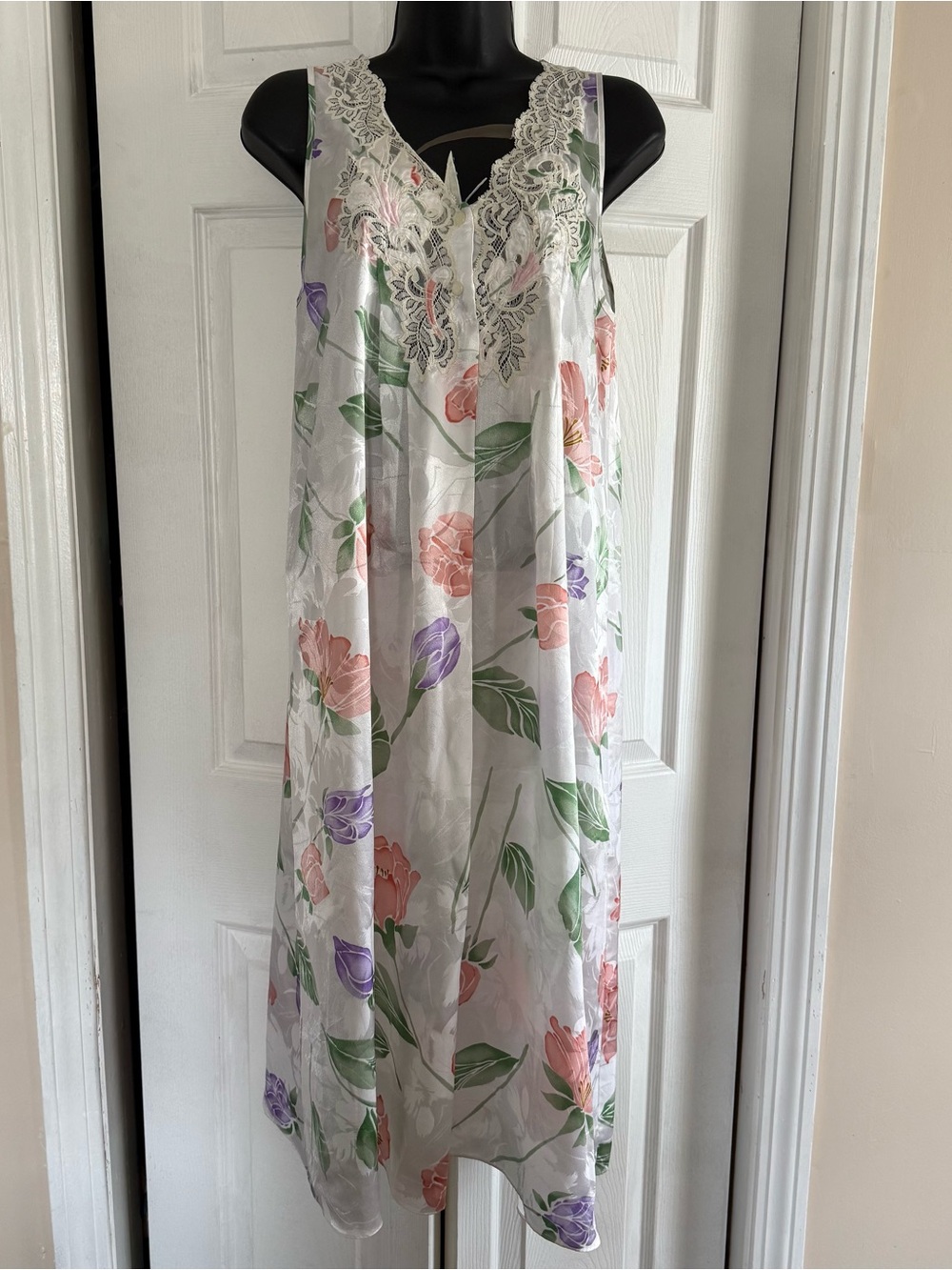 Floral Lace Trim Nightgown - White with Pink & Purple Blooms